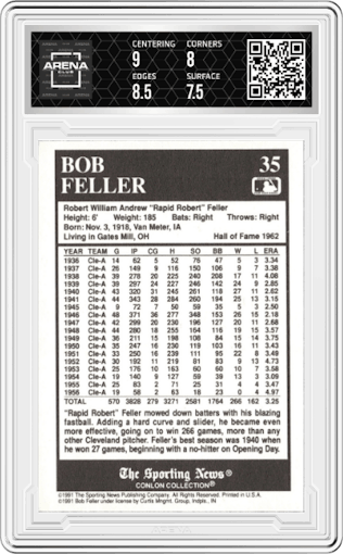 Bob Feller from the 1991 Conlon Collection TSN set graded by Arena Club and given an overall grade of 8.