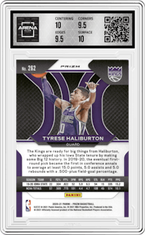 Tyrese Haliburton from the 2020-21 Panini Prizm set featuring a Orange Ice parallel graded by Arena Club and given an overall grade of 10.