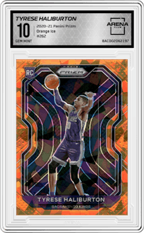 Tyrese Haliburton from the 2020-21 Panini Prizm set featuring a Orange Ice parallel graded by Arena Club and given an overall grade of 10.