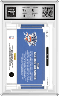 Shai Gilgeous-Alexander from the 2022-23 Panini Contenders Optic set featuring a Green Pulsar parallel graded by Arena Club and given an overall grade of 10.