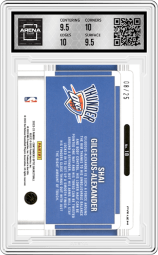 Shai Gilgeous-Alexander from the 2022-23 Panini Contenders Optic set featuring a Green Pulsar parallel graded by Arena Club and given an overall grade of 10.