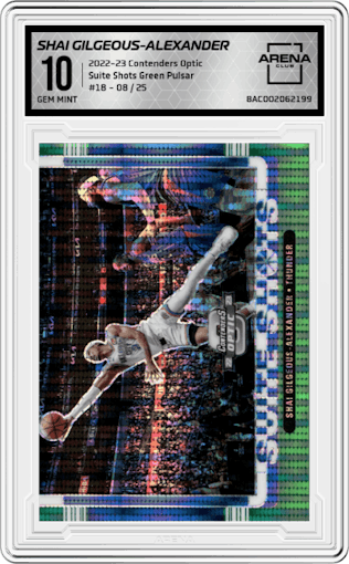 Shai Gilgeous-Alexander from the 2022-23 Panini Contenders Optic set featuring a Green Pulsar parallel graded by Arena Club and given an overall grade of 10.
