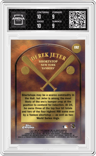Derek Jeter from the 1999 Topps Chrome set graded by Arena Club and given an overall grade of 9.5.