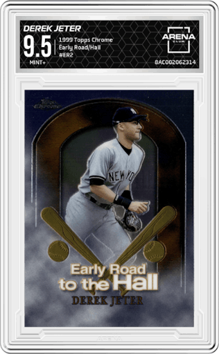 Derek Jeter from the 1999 Topps Chrome set graded by Arena Club and given an overall grade of 9.5.
