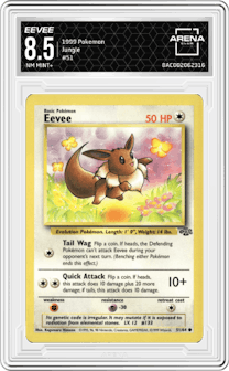 Eevee from the 1999 Pokemon set graded by Arena Club and given an overall grade of 8.5.