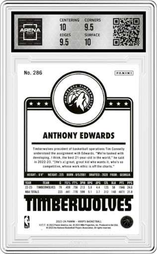 Anthony Edwards from the 2023-24 Panini NBA Hoops set graded by Arena Club and given an overall grade of 10.