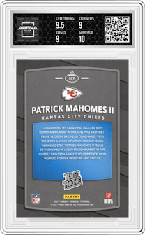 Patrick Mahomes II from the 2017 Panini Donruss set featuring a Press Proof Blue parallel graded by Arena Club and given an overall grade of 9.5.