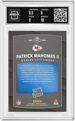 Patrick Mahomes II from the 2017 Panini Donruss set featuring a Press Proof Blue parallel graded by Arena Club and given an overall grade of 9.5.