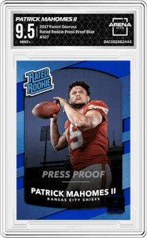 Patrick Mahomes II from the 2017 Panini Donruss set featuring a Press Proof Blue parallel graded by Arena Club and given an overall grade of 9.5.