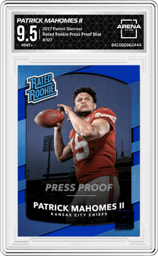 Patrick Mahomes II from the 2017 Panini Donruss set featuring a Press Proof Blue parallel graded by Arena Club and given an overall grade of 9.5.