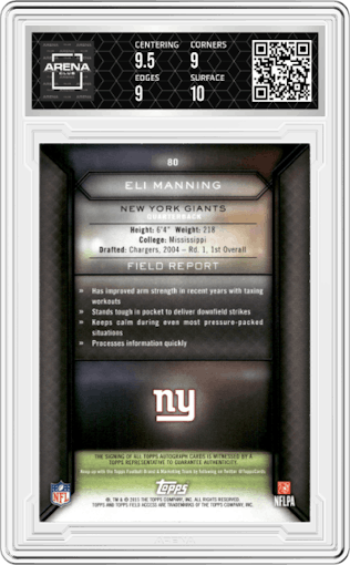 Eli Manning from the 2015 Topps Field Access set graded by Arena Club and given an overall grade of 9.5.