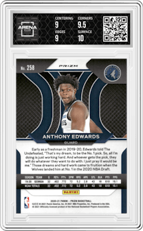 Anthony Edwards from the 2020-21 Panini Prizm set featuring a Purple Wave parallel graded by Arena Club and given an overall grade of 9.5.
