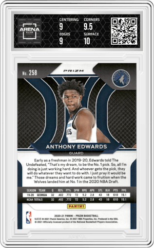 Anthony Edwards from the 2020-21 Panini Prizm set featuring a Purple Wave parallel graded by Arena Club and given an overall grade of 9.5.