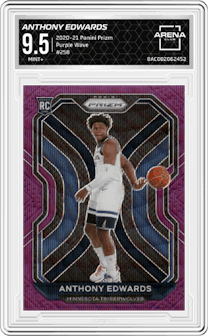 Anthony Edwards from the 2020-21 Panini Prizm set featuring a Purple Wave parallel graded by Arena Club and given an overall grade of 9.5.