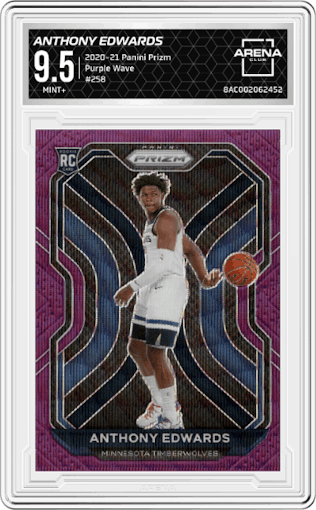 Anthony Edwards from the 2020-21 Panini Prizm set featuring a Purple Wave parallel graded by Arena Club and given an overall grade of 9.5.