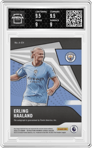 Erling Haaland from the 2022-23 Panini Revolution Premier League set graded by Arena Club and given an overall grade of 9.5.