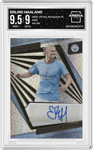 Erling Haaland from the 2022-23 Panini Revolution Premier League set graded by Arena Club and given an overall grade of 9.5.
