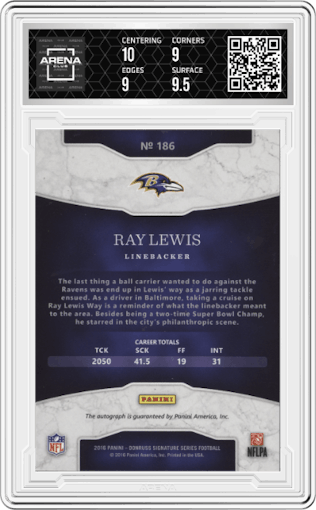 Ray Lewis from the 2016 Donruss Signature Series set graded by Arena Club and given an overall grade of 9.5.