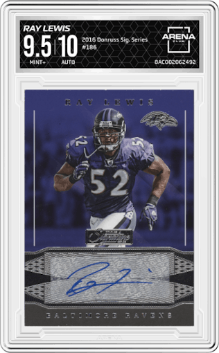 Ray Lewis from the 2016 Donruss Signature Series set graded by Arena Club and given an overall grade of 9.5.
