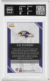 Zay Flowers from the 2023 Panini Limited set graded by Arena Club and given an overall grade of 9.5.