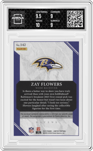 Zay Flowers from the 2023 Panini Limited set graded by Arena Club and given an overall grade of 9.5.