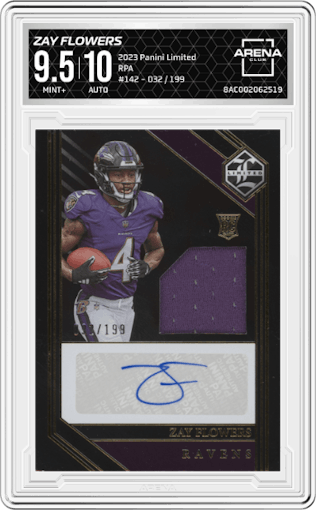 Zay Flowers from the 2023 Panini Limited set graded by Arena Club and given an overall grade of 9.5.