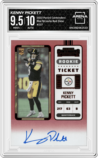 Kenny Pickett from the 2022 Panini Contenders set featuring a Red Zone parallel graded by Arena Club and given an overall grade of 9.5.