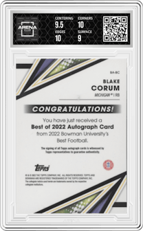 Blake Corum from the 2022-23 Bowman’s Best University  set graded by Arena Club and given an overall grade of 9.5.