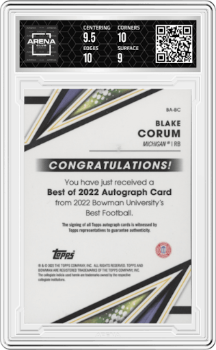 Blake Corum from the 2022-23 Bowman’s Best University  set graded by Arena Club and given an overall grade of 9.5.