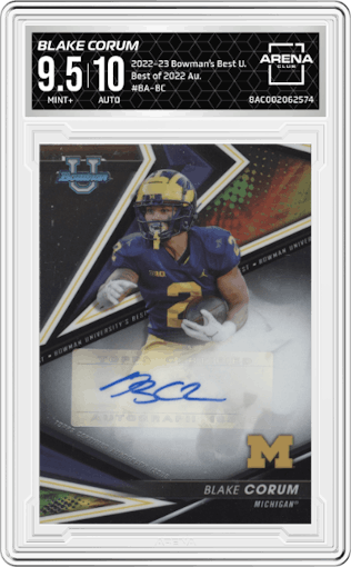 Blake Corum from the 2022-23 Bowman’s Best University  set graded by Arena Club and given an overall grade of 9.5.