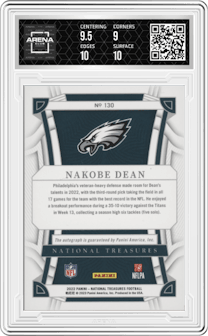 Nakobe Dean from the 2022 Panini National Treasures set featuring a Purple parallel graded by Arena Club and given an overall grade of 9.5.