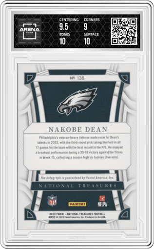 Nakobe Dean from the 2022 Panini National Treasures set featuring a Purple parallel graded by Arena Club and given an overall grade of 9.5.