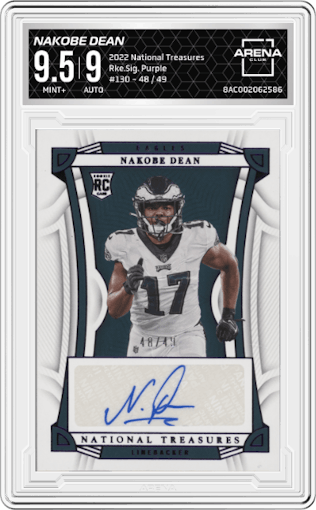 Nakobe Dean from the 2022 Panini National Treasures set featuring a Purple parallel graded by Arena Club and given an overall grade of 9.5.