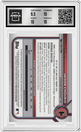 Jaison Chourio from the 2022 Bowman Chrome set featuring a Orange Refractor parallel graded by Arena Club and given an overall grade of 10.