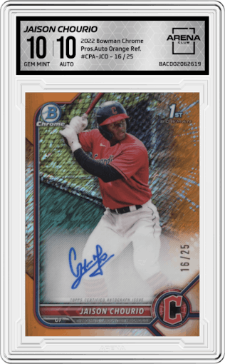 Jaison Chourio from the 2022 Bowman Chrome set featuring a Orange Refractor parallel graded by Arena Club and given an overall grade of 10.