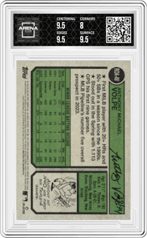 Anthony Volpe from the 2023 Topps Heritage High Number  set featuring a Red Ink parallel graded by Arena Club and given an overall grade of 8.5.