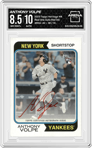 Anthony Volpe from the 2023 Topps Heritage High Number  set featuring a Red Ink parallel graded by Arena Club and given an overall grade of 8.5.