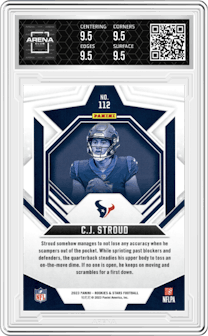C.J. Stroud from the 2023 Panini Rookies & Stars set featuring a Longevity parallel graded by Arena Club and given an overall grade of 9.5.
