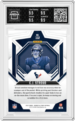 C.J. Stroud from the 2023 Panini Rookies & Stars set featuring a Longevity parallel graded by Arena Club and given an overall grade of 9.5.