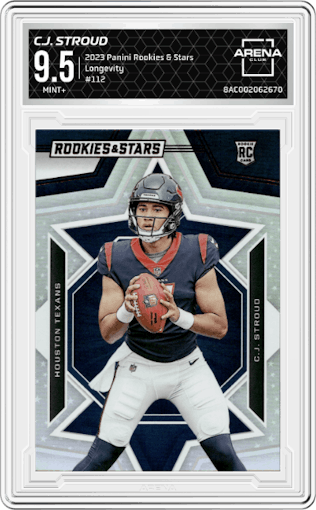 C.J. Stroud from the 2023 Panini Rookies & Stars set featuring a Longevity parallel graded by Arena Club and given an overall grade of 9.5.