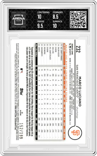 Marco Luciano from the 2024 Topps  set featuring a Red Crackle Foil parallel graded by Arena Club and given an overall grade of 9.