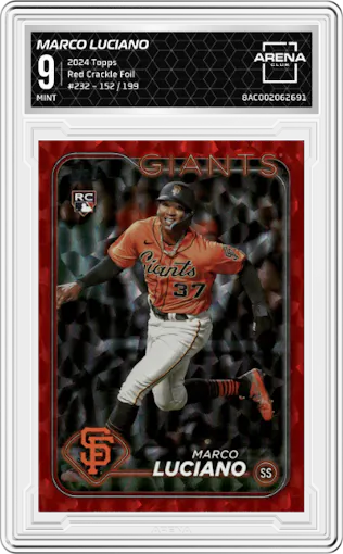 Marco Luciano from the 2024 Topps  set featuring a Red Crackle Foil parallel graded by Arena Club and given an overall grade of 9.