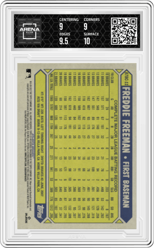 Freddie Freeman from the 2022 Topps Chrome set graded by Arena Club and given an overall grade of 9.5.