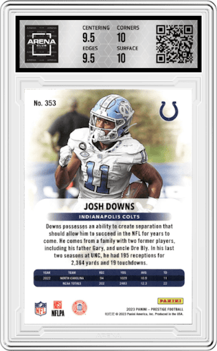 Josh Downs from the 2023 Panini Prestige set graded by Arena Club and given an overall grade of 10.