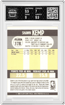 Shawn Kemp from the 1990-91 Fleer set graded by Arena Club and given an overall grade of 7.5.