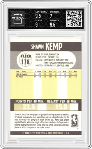 Shawn Kemp from the 1990-91 Fleer set graded by Arena Club and given an overall grade of 7.5.