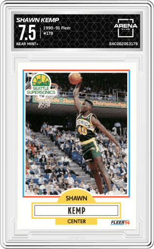 Shawn Kemp from the 1990-91 Fleer set graded by Arena Club and given an overall grade of 7.5.