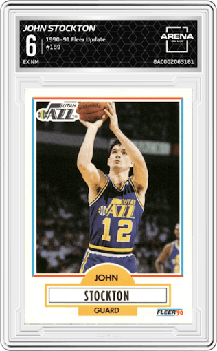 John Stockton from the 1990-91 Fleer Update set graded by Arena Club and given an overall grade of 6.