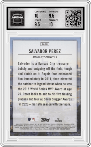Salvador Perez from the 2023 Topps Series 2 set graded by Arena Club and given an overall grade of 10.