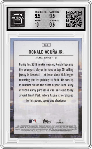 Ronald Acuna Jr. from the 2023 Topps Series 1 set graded by Arena Club and given an overall grade of 10.